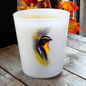 Narcissus Flycatcher Bird Soy Coconut Blend Candle for wholesale by Laguna Candles LLC