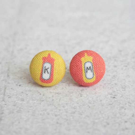 Rachel O's - Wholesale Stud/Post Earrings - Ketchup and Mustard Fabric Button Earrings