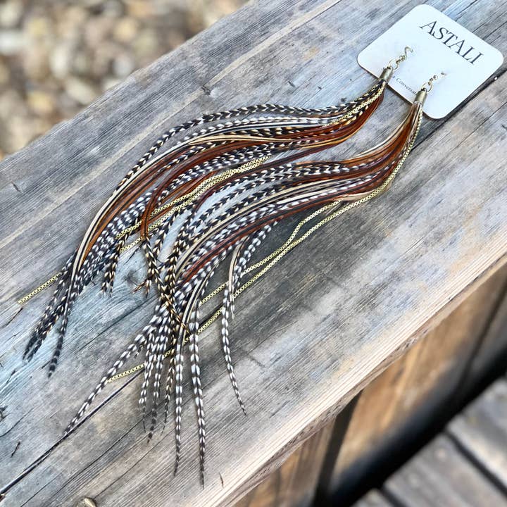 Extra Long Feather Earrings - Fawn & Grizzly, Boho Western for wholesale by ASTALI