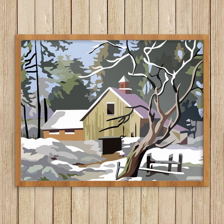 11'' x 14'' Paint By Number Style Snowy Barn Print for wholesale by Fridgedoor