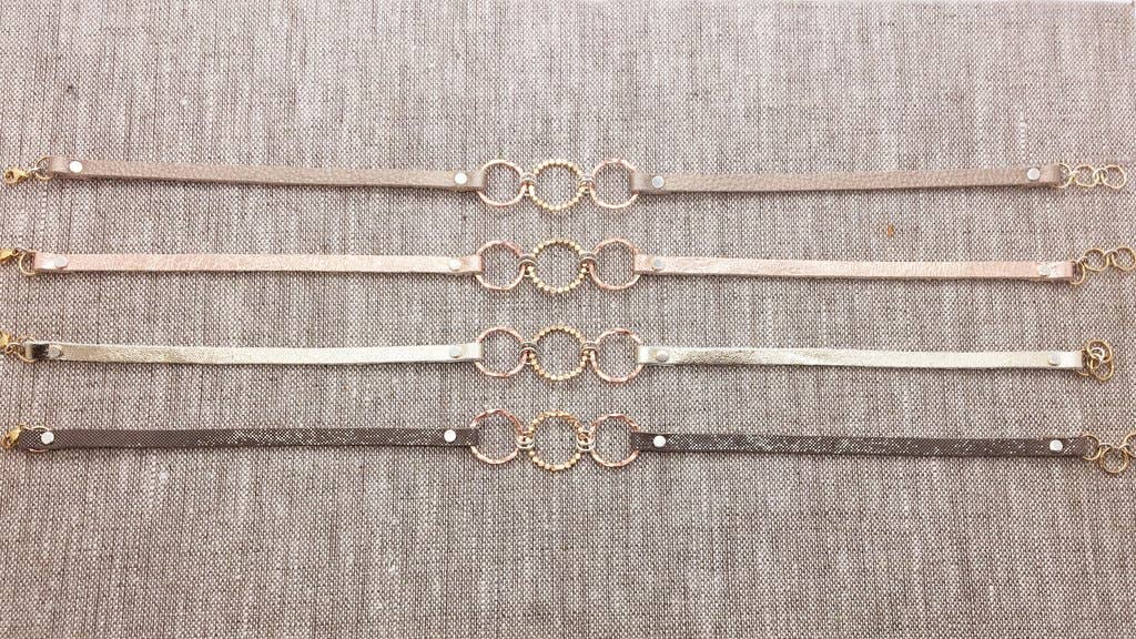 Devon Dowd Designs - Wholesale Link & Chain Bracelet - Triple Gold Filled & Rose Gold Filled Bubble Circles & Metallic Leather0
