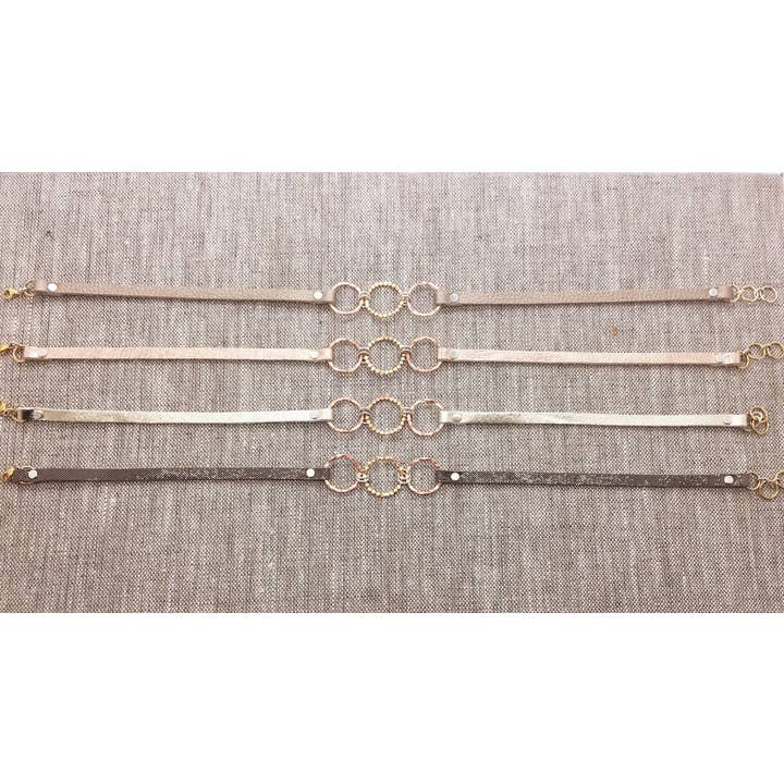Devon Dowd Designs - Wholesale Link & Chain Bracelet - Triple Gold Filled & Rose Gold Filled Bubble Circles & Metallic Leather