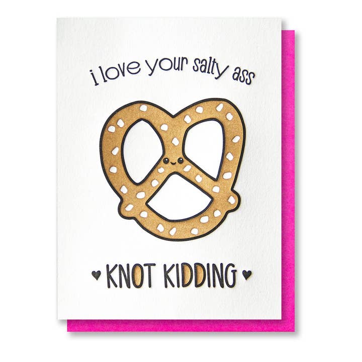 Kiss and Punch - Wholesale Love Card - Funny Salty Ass Knot Pretzel Pun Letterpress Card
