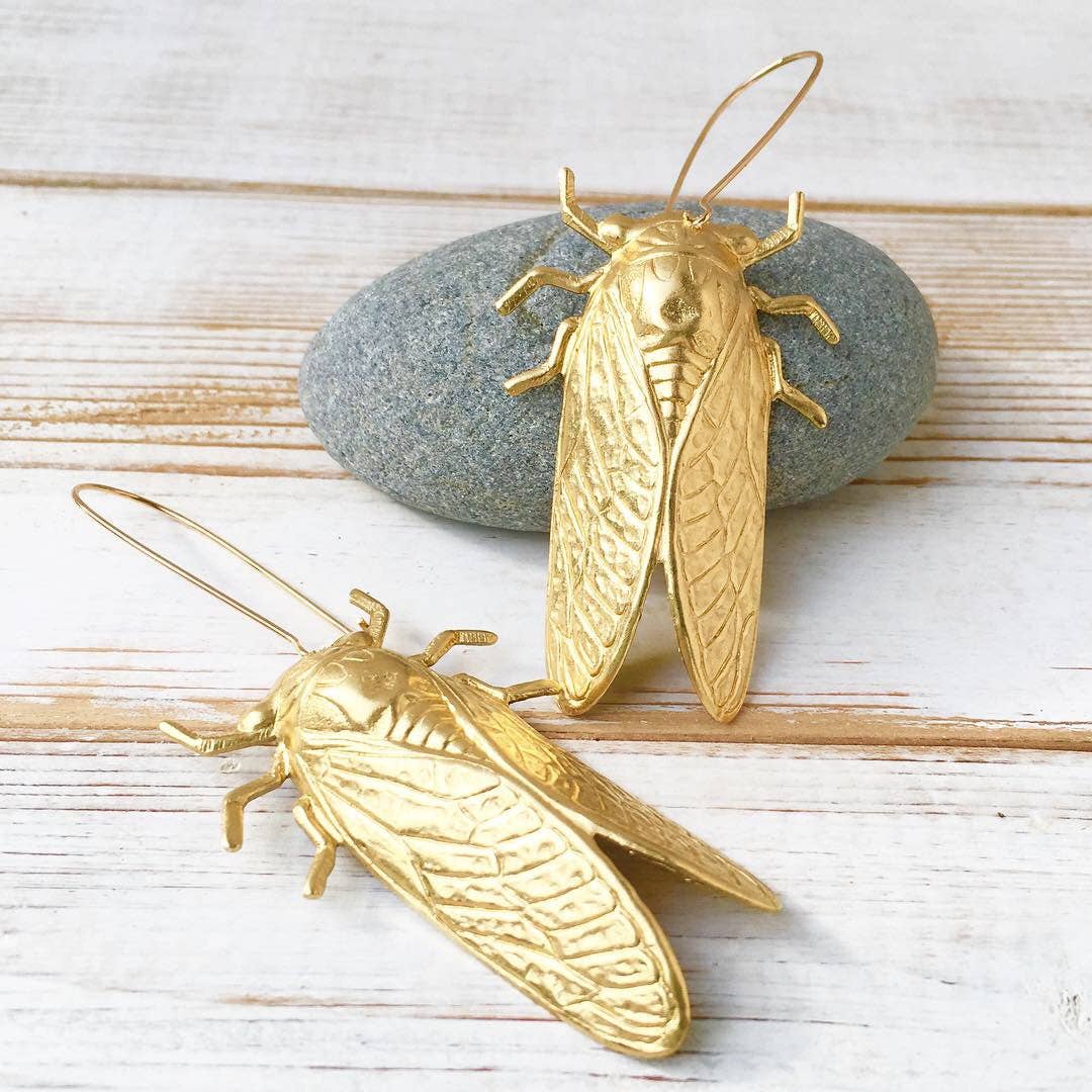 Red Truck Designs - Wholesale Dangle Earrings - Gold Cicada Earrings Whimsical Gold Long Earrings3