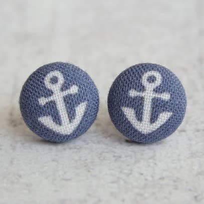 Tiny Anchors Fabric Button Earrings for wholesale by Rachel O's