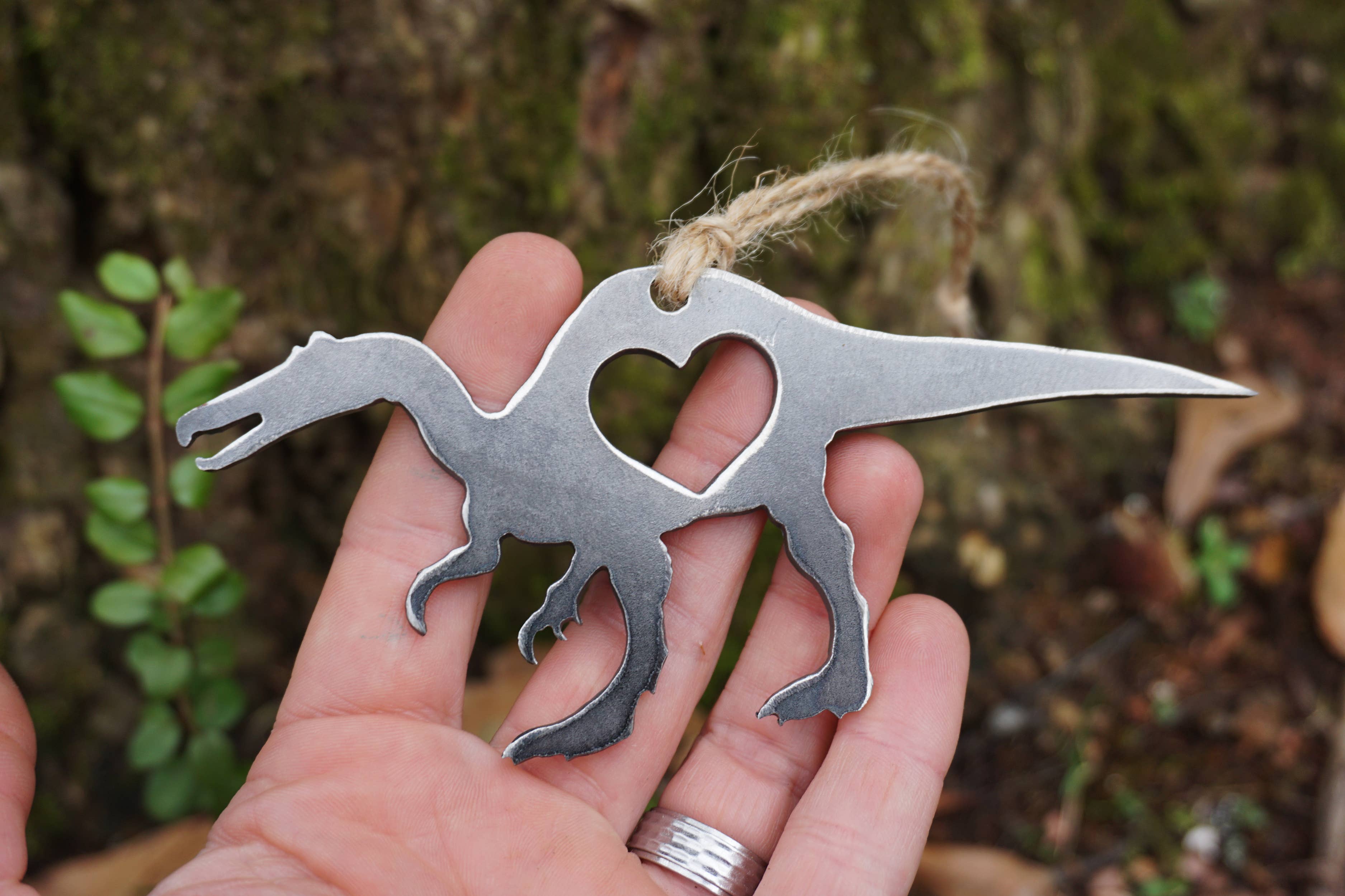 BE Creations & Designs, Inc. - Wholesale Ornament - Baryonyx Dinosaur Raw Steel Metal Ornament with Heart1