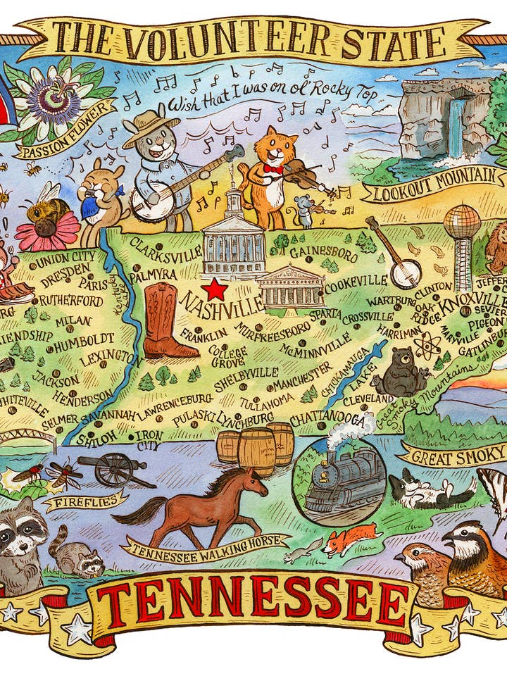 Impression cartographique du Tennessee 16 po x 20 po pour la vente par SepiaLepus Illustration