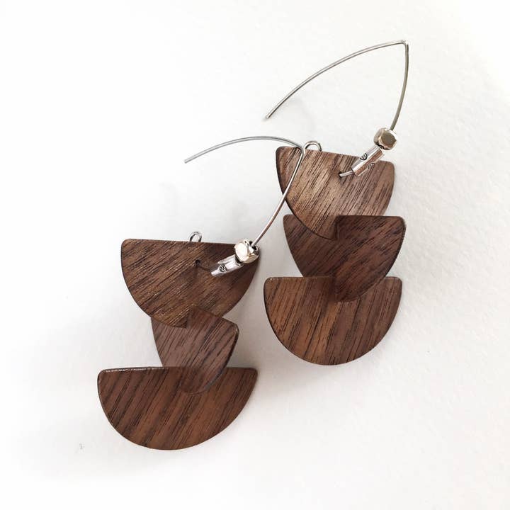 Stacked geometric shapes walnut earrings for wholesale by Kohli Kraft