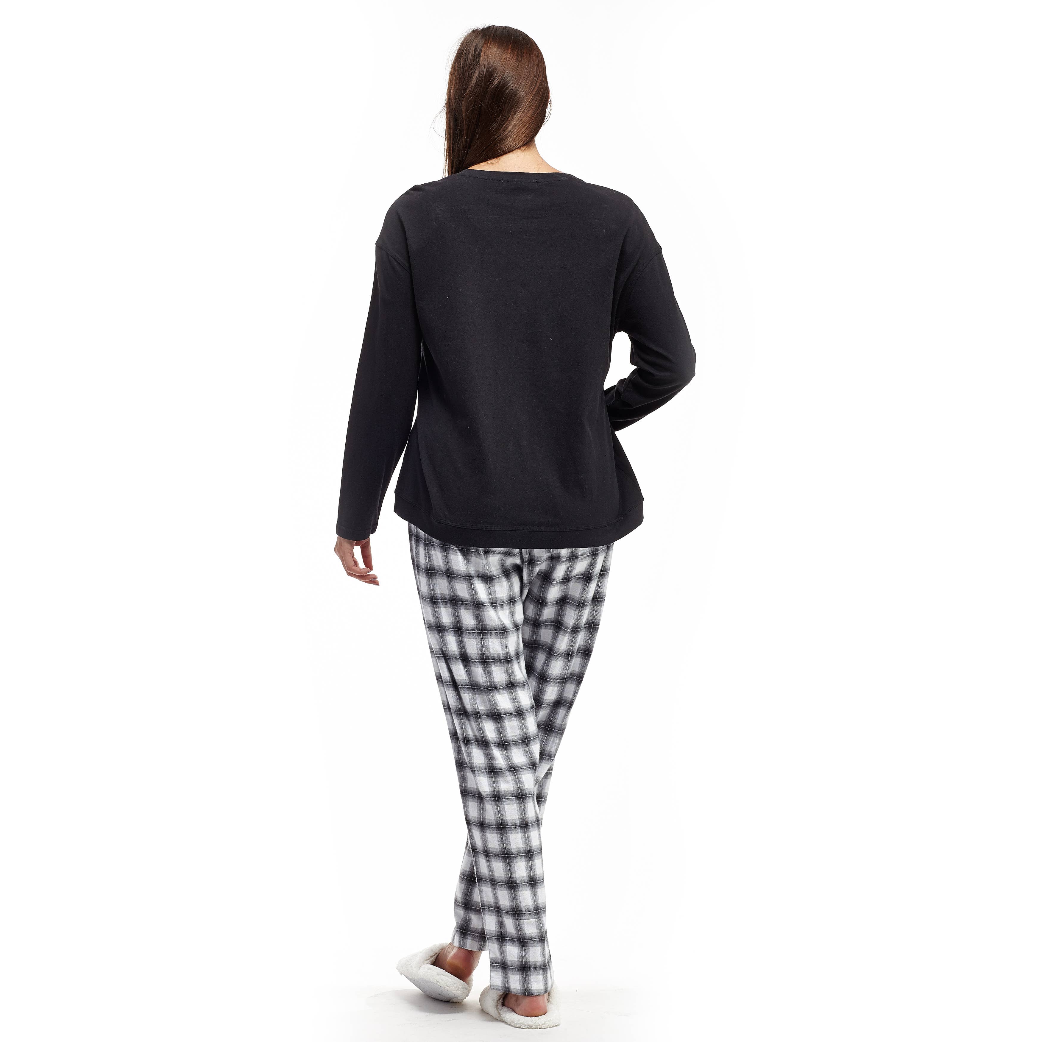 La Cera - Wholesale Sleepwear Set - Women's - Plaid Pajama Set - BLACK/WHITE1