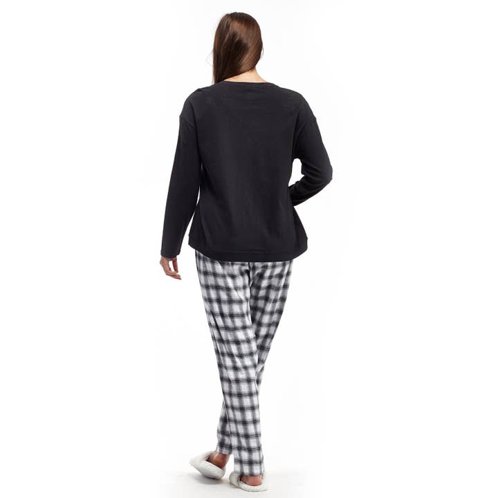 La Cera – wholesale Sleepwear set – Women's – Plaid Pajama Set - BLACK/WHITE1