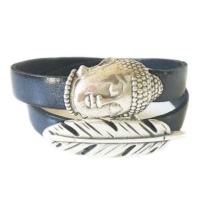 Indigo - Big Buddha og fjer sølv læder armbånd for engroshandel hos LIVE AHA