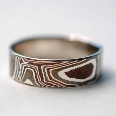Three Tone Mokume Gane Men's Ring Band for wholesale by LettersToSarah Metalsmithing