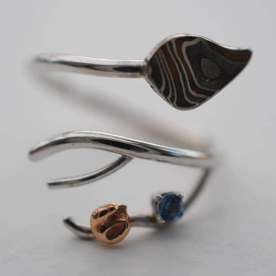 Branching Mokume Leaf Rhodium Roots Ring with Aquamarine and Gold for wholesale by LettersToSarah Metalsmithing