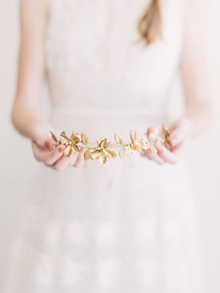 Gold Daffodil Flower Bridal Crown for wholesale by Acute Designs