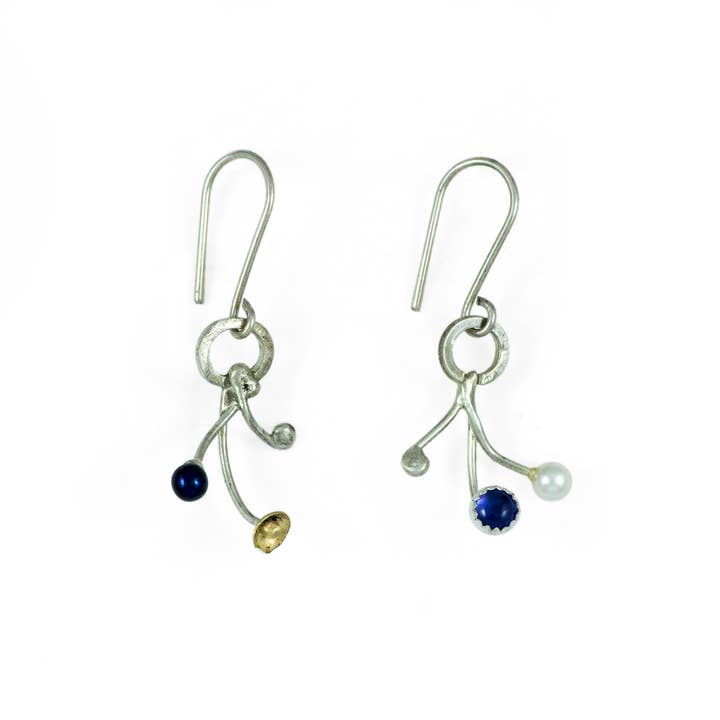 Sprouts Dangle Earrings - 18k gold, iolite, black pearl for wholesale by Rose Ridge Jewelry