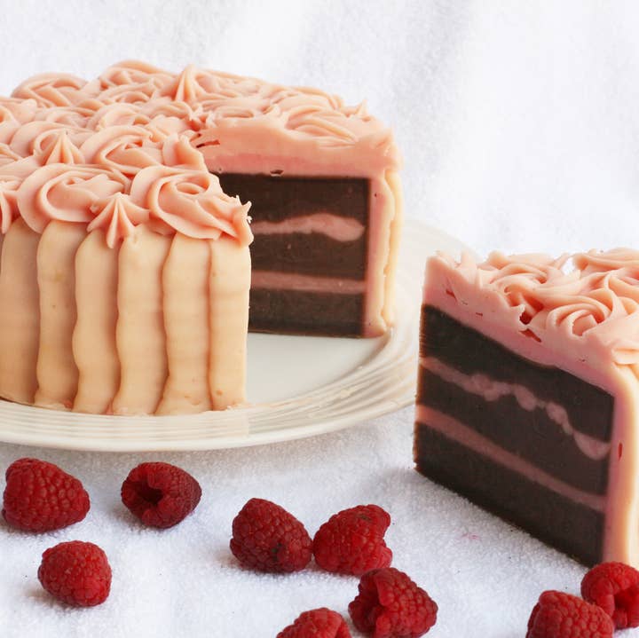 Rose Swirl Chocolate Cake Soap 7oz for wholesale by One Leaf Soap