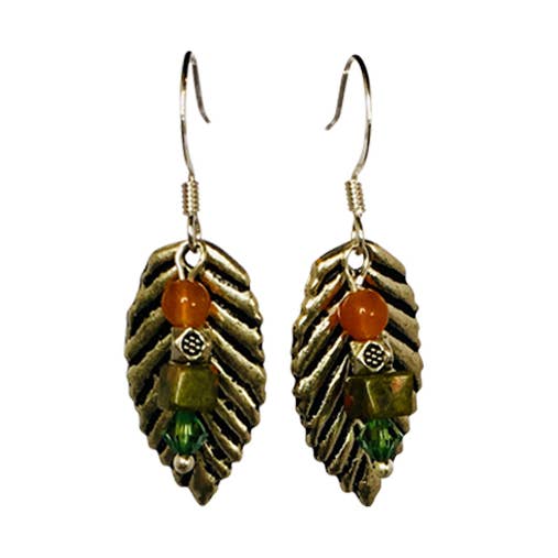 Layered Leaf Earrings - unakite and aventurine over pewter for wholesale by Nancy Neill Designs