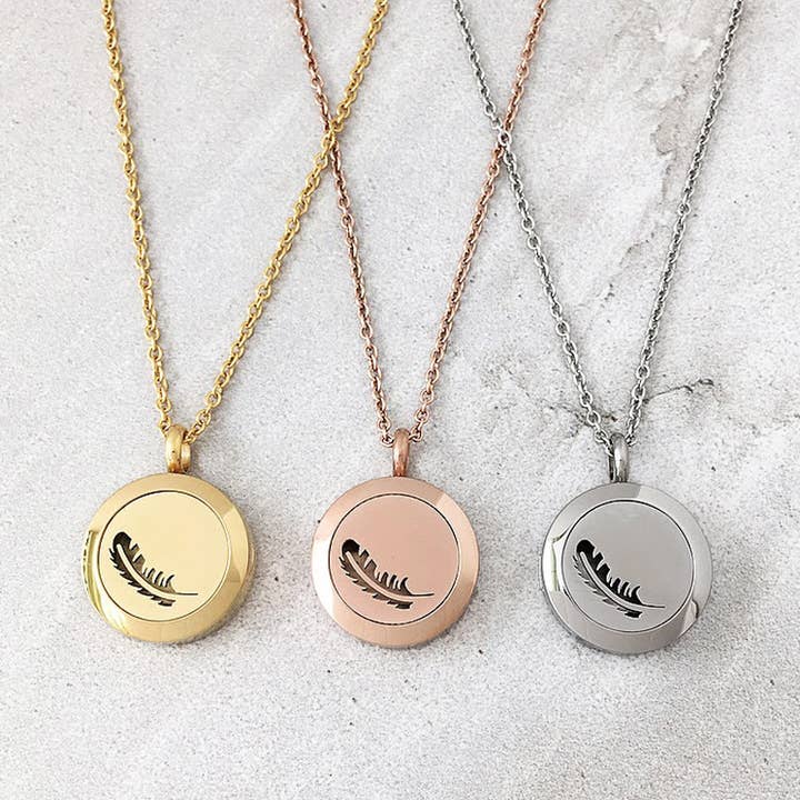 Mini Feather Stainless Steel Diffuser Necklace for wholesale by Blue Raven Handcrafted