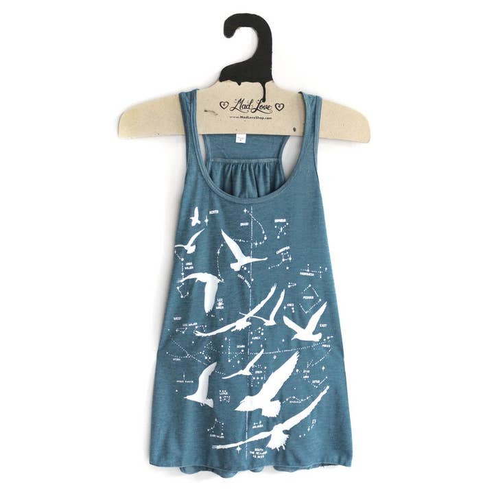 Denim Flowy Raceback Tank with Birds Print for wholesale by Mad Love Shop