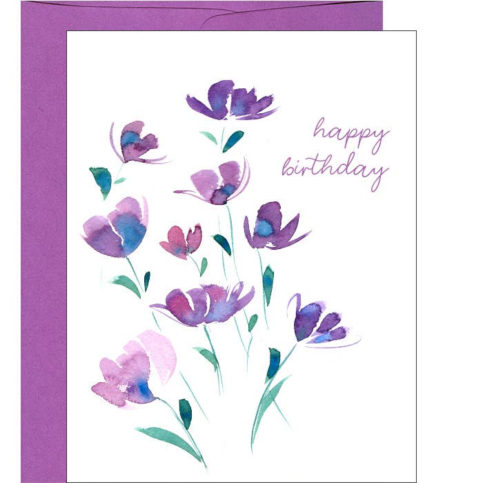 Pink Bathtub Designs – wholesale Birthday card – Watercolor Purple Florals Birthday Card