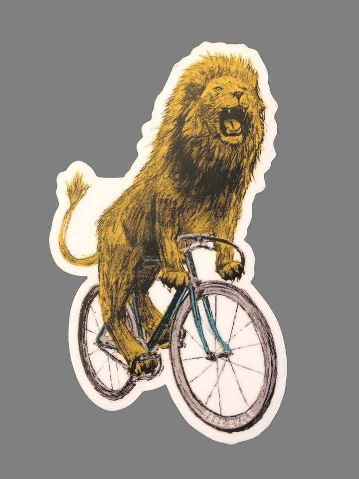 Lion On A Bicycle Vinyl Sticker for wholesale by Dark Cycle Clothing