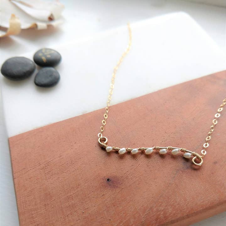 Gold Fill & Freshwater Pearl Scroll Necklace #GFNScrollFWPW for wholesale by Soasa Designs