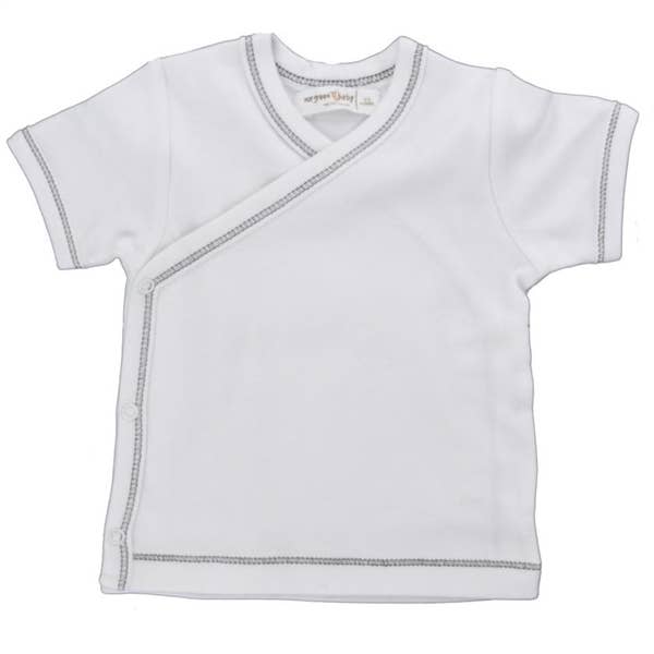 Biologische babykleding - t-shirt met snap aan de zijkant - grijs en wit voor wholesale door Our Green House