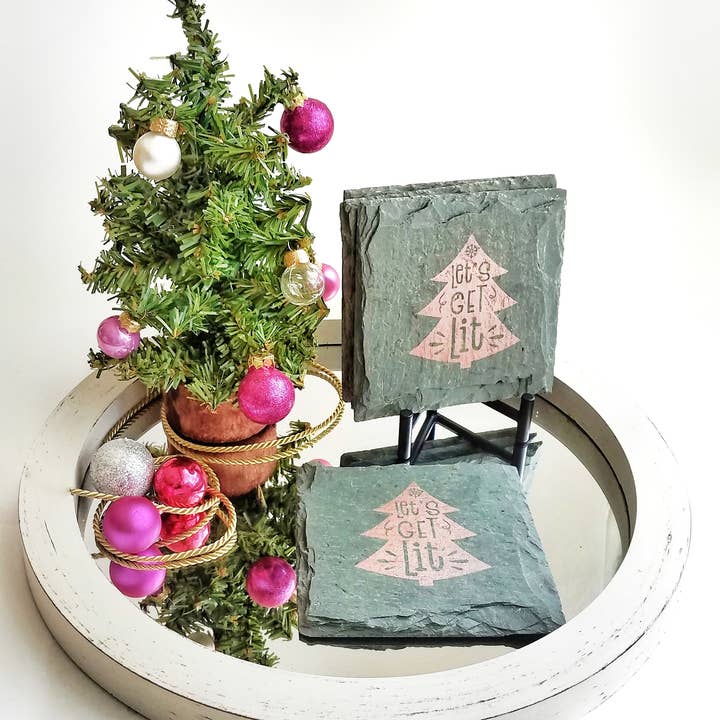 Cheers Ink - Wholesale Coasters - Let’s Get Lit Holiday Slate Coaster - Christmas4