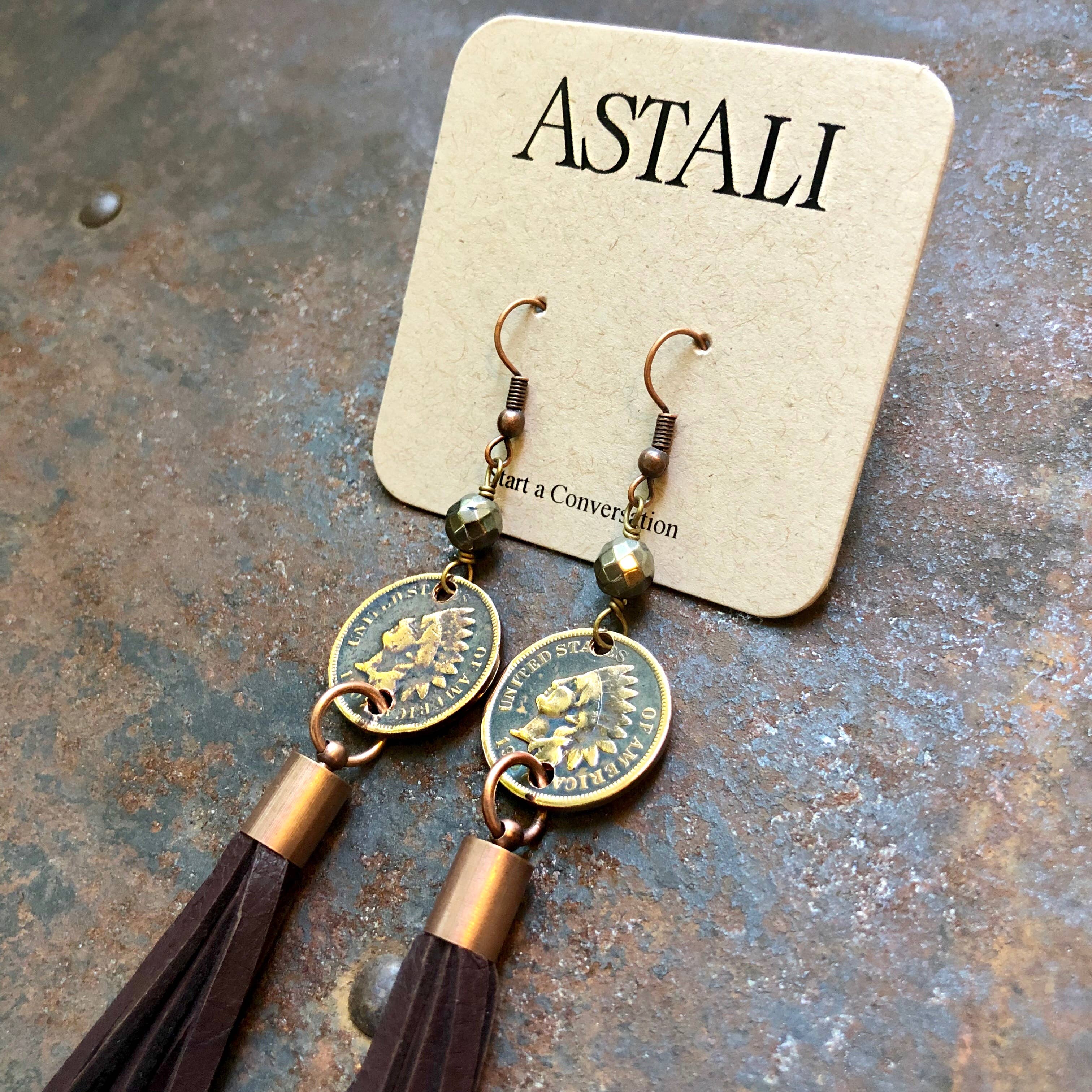 ASTALI - Wholesale Tassel Earrings - Indian Head Cent & Leather Tassel Earrings - Chocolate Brown9