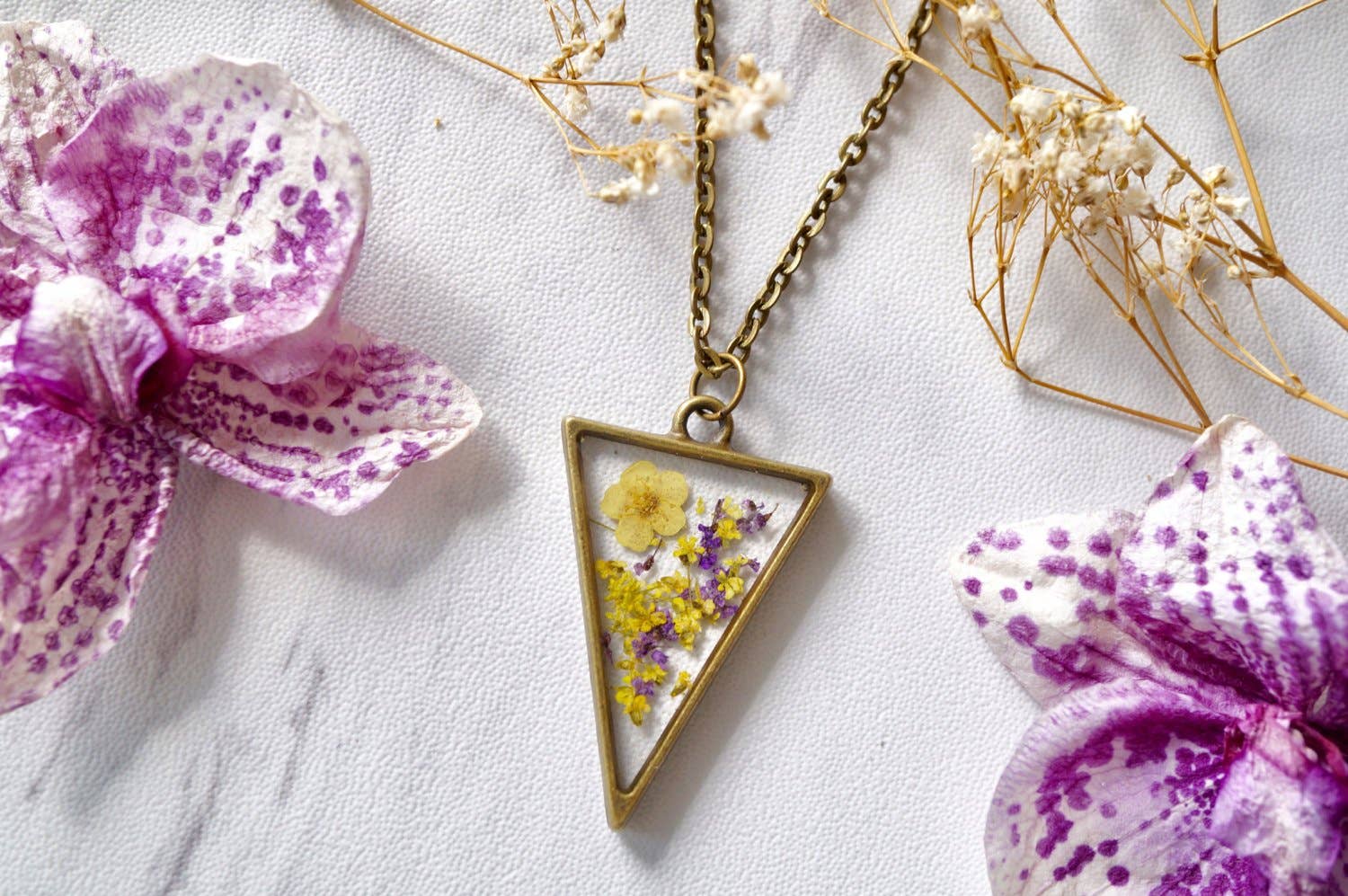Ann + Joy - Wholesale Pendant/Charm Necklace - Triangle in Purple & Yellow Mix Real Dried Flowers in Resin Necklace3