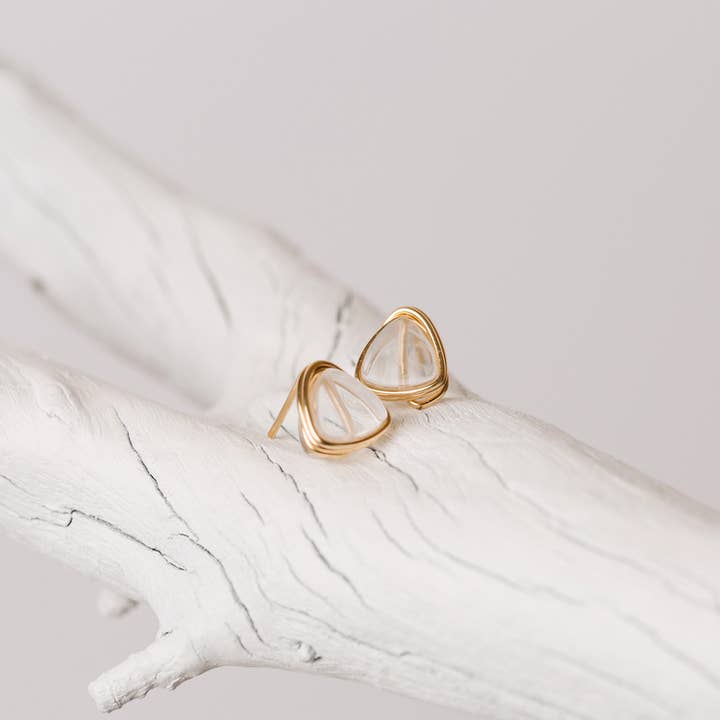Crystal Quartz Triangle Studs for wholesale by Saressa Designs