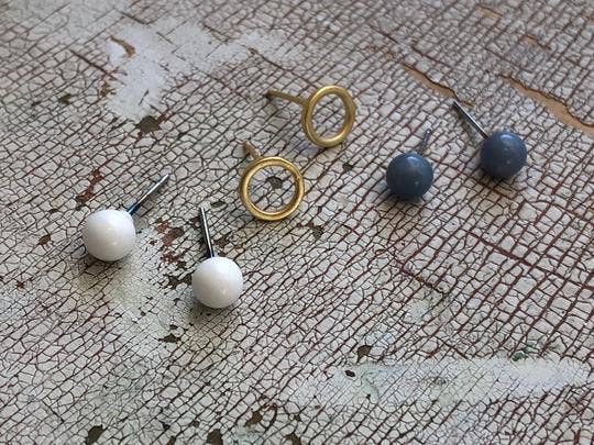 Leetie Lovendale - Wholesale Stud/Post Earrings - White Frosted Gold Circles & Blue Tiny Geo Stud Earrings1