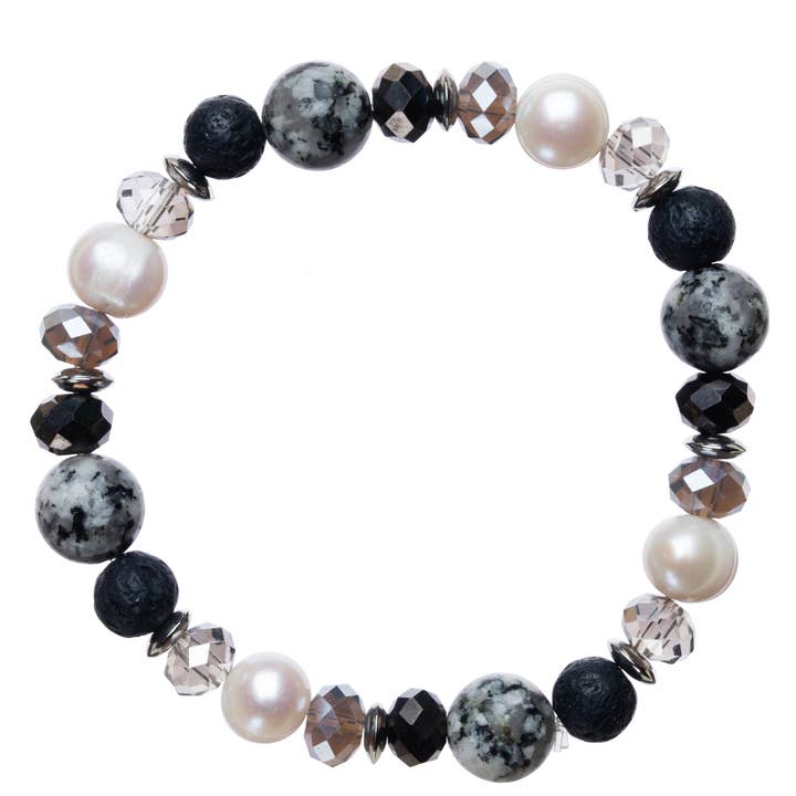 BOPS WHOLESALE - Wholesale Beaded Bracelet - Zengo Classic Black & White Lava Stone Stretchy Bracelet