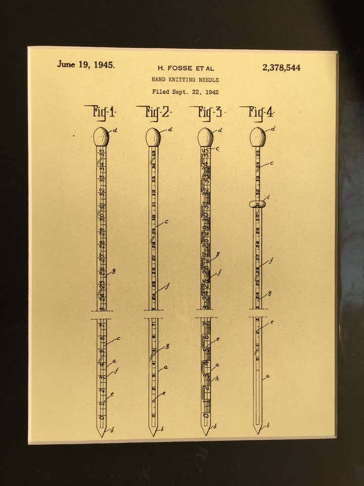 11x14 Knitting Needles Matted Patent Print for wholesale by Millie and Mads