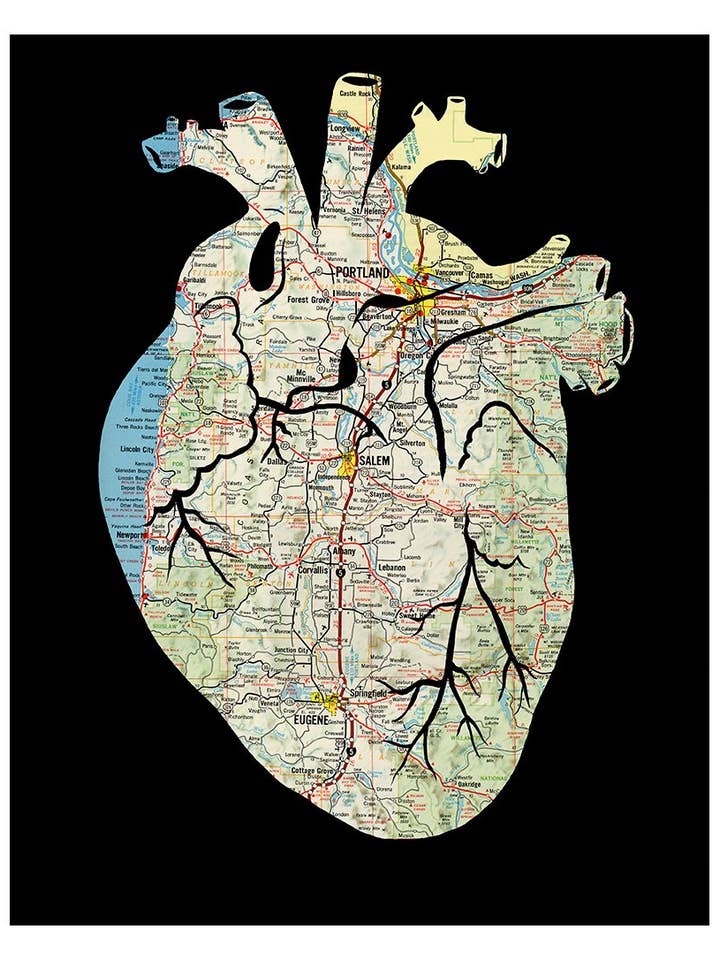 Heart Of Oregon Map Art Print for wholesale by Granny Panty Designs