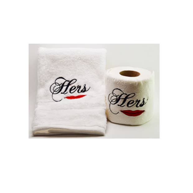 Hers and Hers Embroidered Toilet Paper and Hand Towel for wholesale by And Sew On... Custom Embroidery and More