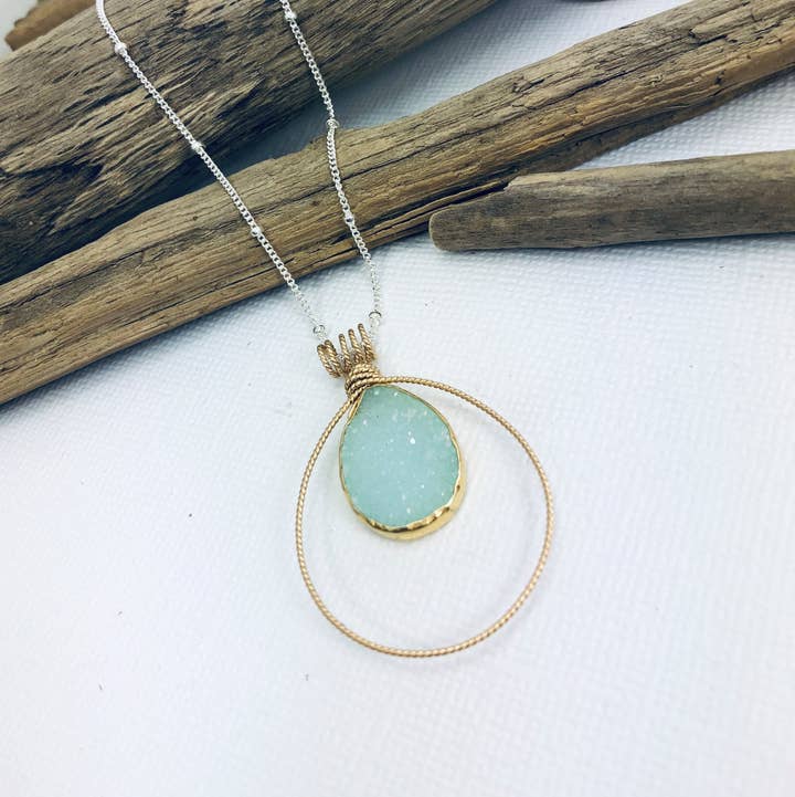 Sea Druzy Necklace - Vermeil and Textured Wire for wholesale by Laura J Designs