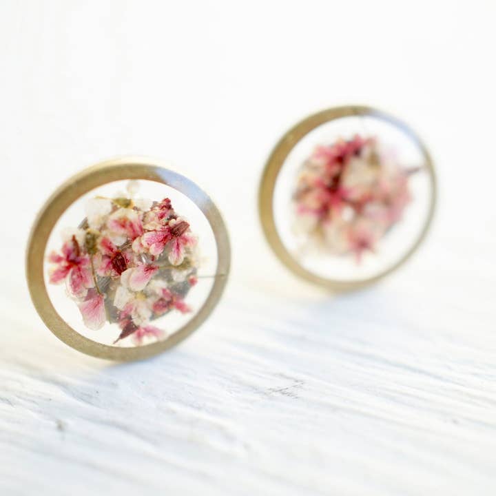 Ann + Joy - Wholesale Stud/Post Earrings - Circle in Pinks & White Mix Real Pressed Flower and Resin Stud Earrings1