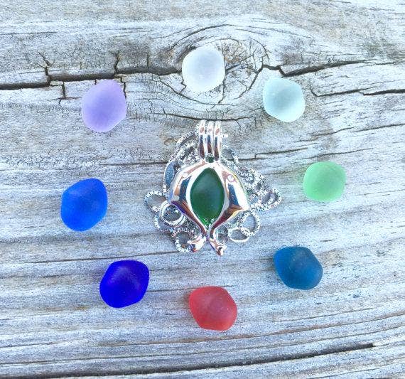 Wave of Life - Wholesale Locket Necklace - Jumping Dolphins Locket Sea Glass Necklace (18 Inch Chain)1