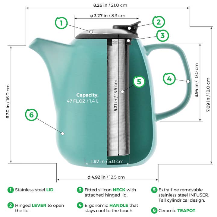TEALYRA / LUXBE - Wholesale Tea Pot - Daze Turquoise Large Ceramic Teapot With Infuser 47 oz