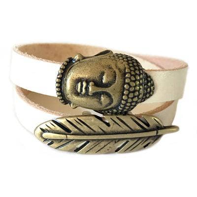 Weiß - Big Buddha und Feder Messing Lederarmband für den Großhandel von LIVE AHA