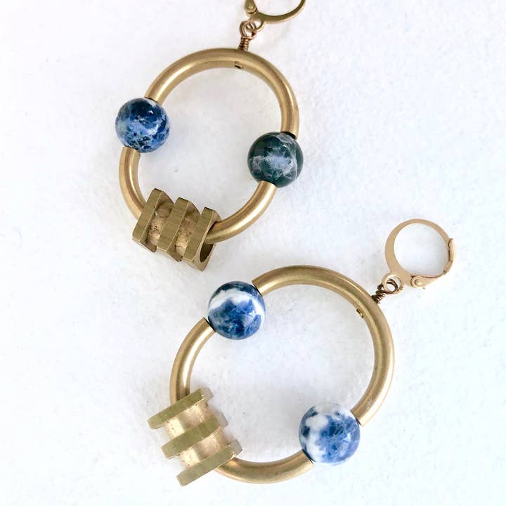 Semicircle Statement Earrings, Blue marble statement earring for wholesale by SORA DESIGNS