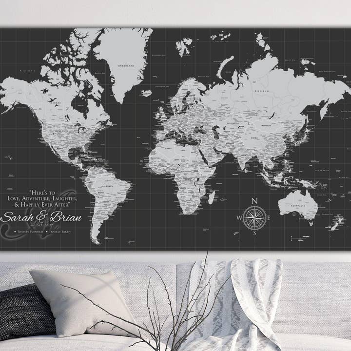 40"x24" Push Pin Single Panel Wedding Anniversary Travel Map of World for wholesale by HolyCowCanvas