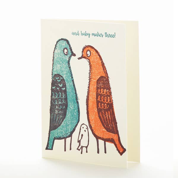 And Baby Makes 3, Birds, Letterpress A2 Card for wholesale by Ilee Papergoods