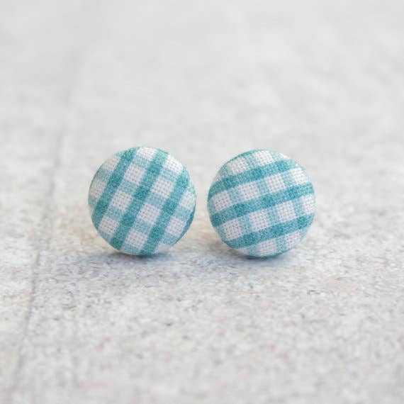Rachel O's - Wholesale Stud/Post Earrings - Blue Gingham Fabric Button Earrings