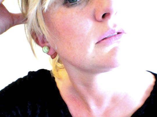 Leetie Lovendale - Wholesale Stud/Post Earrings - Apricot with Striped Lime Green 2 Sided Earrings1