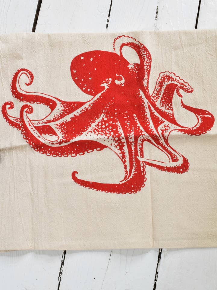 Octopus Tea Towel - Organic - Red - Nautical Print - Animal for wholesale by Hearth and Harrow