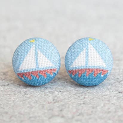 Sailboat Fabric Button Earrings for wholesale by Rachel O's