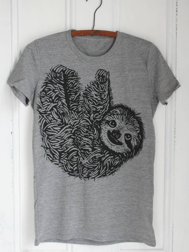 Organic Faultier Damen-T-Shirt, schwarze Tinte auf Grau für den Großhandel von Hearth and Harrow