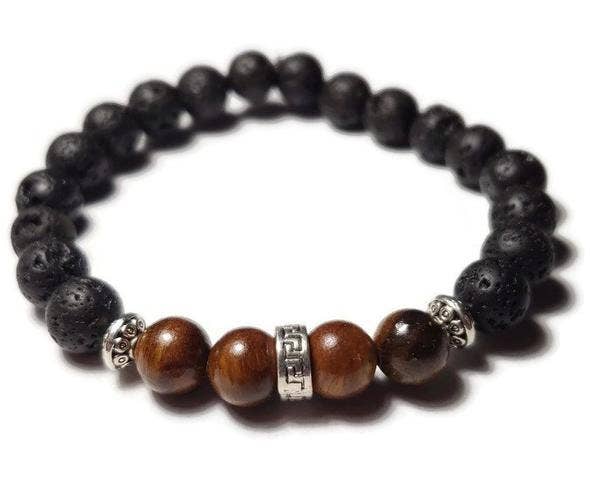 Foxfire Stones - Wholesale Beaded Bracelet - Clear Stretch String - Old Soul / Rosewood Wood & Volcanic Lava Stone Bali Bead Spacer Healing Stone Bracelet0